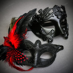 Venetian Black Warrior & Black Glitter Peacock RED Feather Eye Couple Mask